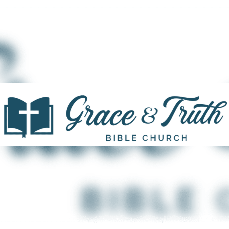 A teal open book with a cross inside is on the left, with the words "Grace & Truth BIBLE CHURCH" in teal script and block letters to its right, all against a blurred white and teal background.