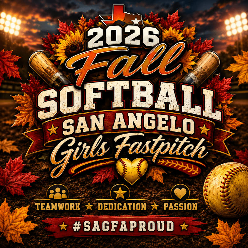 A softball and autumn leaves are in the foreground, with stadium lights and a field in the background, all surrounding text for the 2026 San Angelo Girls Fastpitch Fall Softball event.