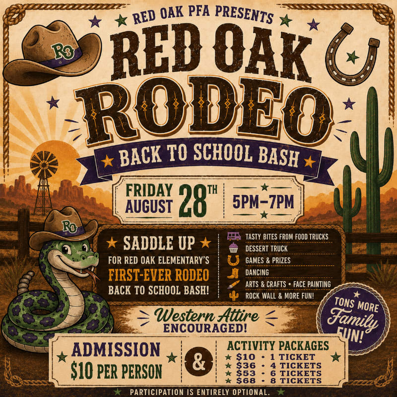A cartoon snake in a cowboy hat and a cowboy hat with a horseshoe are in the foreground, while a western landscape with a windmill and cacti forms the background of a "Red Oak Rodeo Back to School Bash" poster.