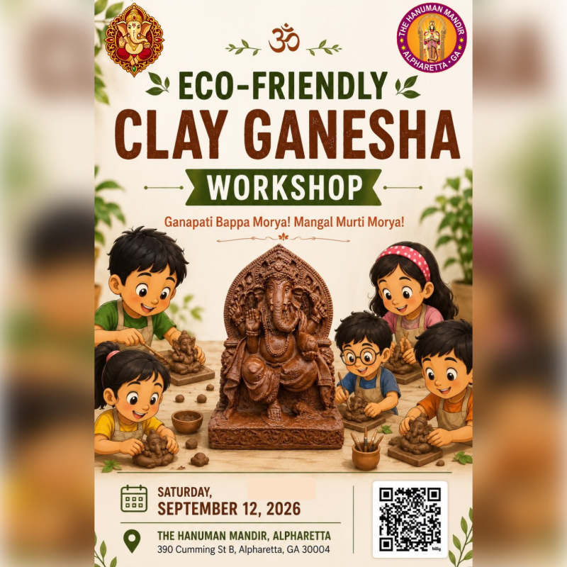 Children are shown creating clay Ganesha idols in the foreground, with a large Ganesha idol in the center, against a background featuring text about an eco-friendly clay Ganesha workshop.