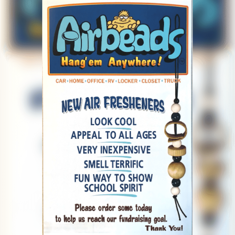 A beaded air freshener hangs in the foreground against a white background advertising "Airbeads" new air fresheners.