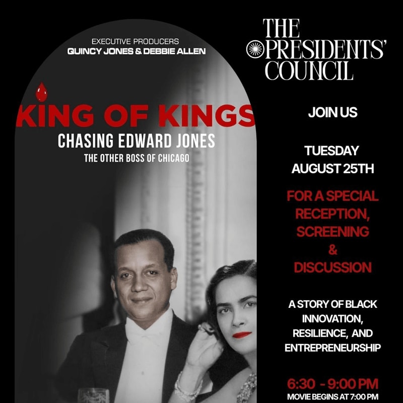 A black and white portrait of a couple in formal attire fills the foreground, while the background features event details for "King of Kings: Chasing Edward Jones" presented by The Presidents' Council.