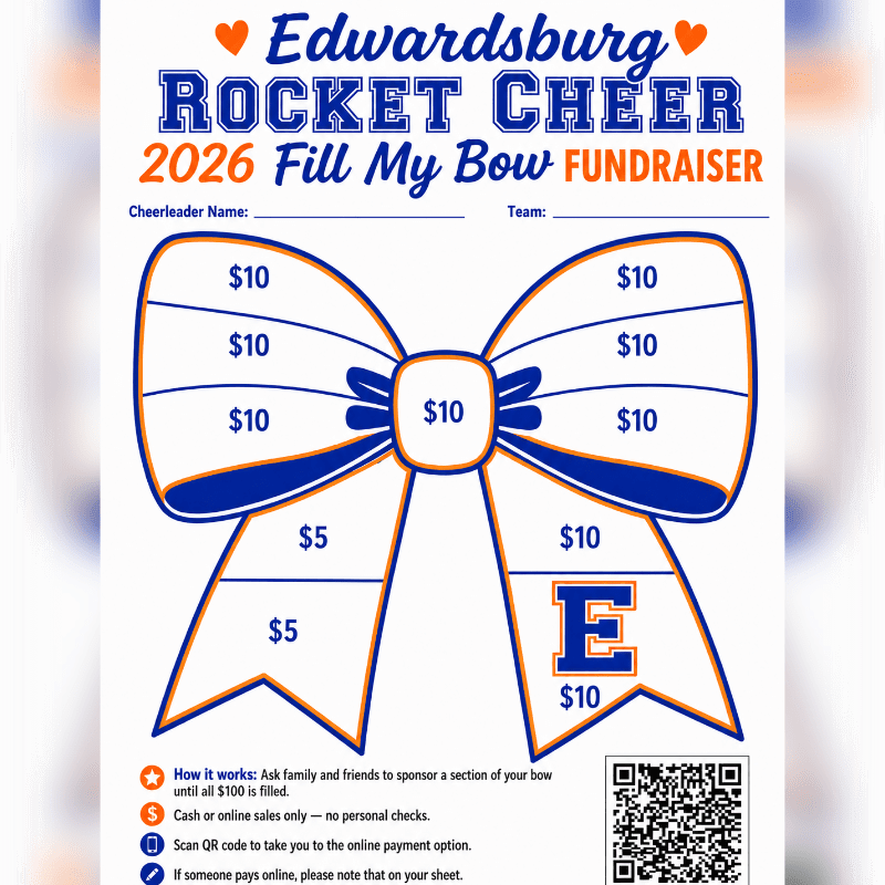 A blue and orange bow graphic with donation amounts fills the foreground, set against a white background with fundraiser details and a QR code.