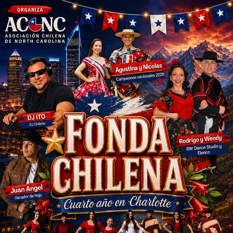 In the foreground, a group of performers in traditional Chilean attire are featured alongside DJs and winners, while the background displays a vibrant cityscape and mountainous landscape under a festive banner.