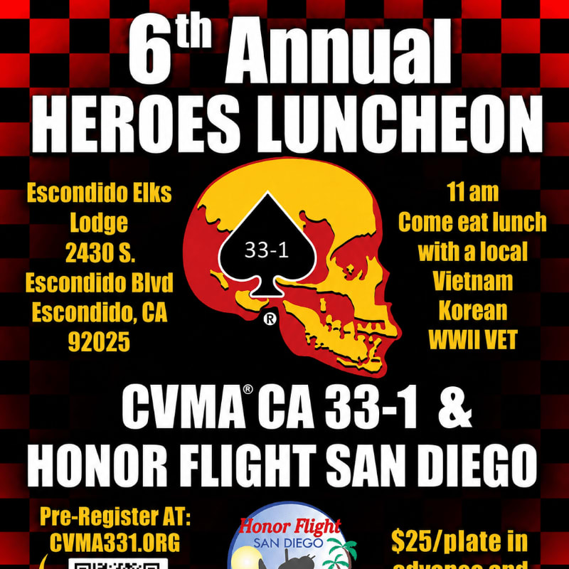 A red and black checkered background frames a flyer for the 6th Annual Heroes Luncheon, featuring event details and a skull logo in the foreground.