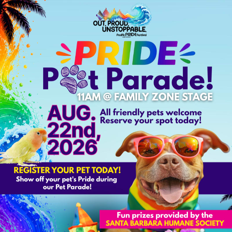 A happy dog wearing sunglasses and a colorful bandana is in the foreground, with a bright, rainbow-themed "Pride Pet Parade!" announcement in the background.
