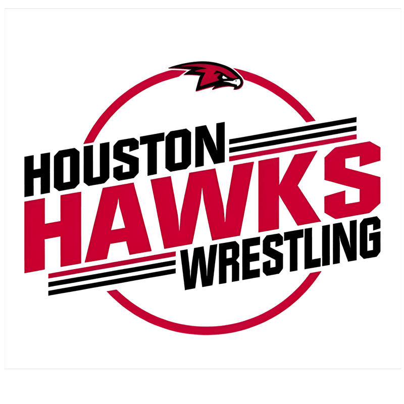 A red circle with a hawk logo encloses the bold red text "HOUSTON HAWKS WRESTLING" against a white background.