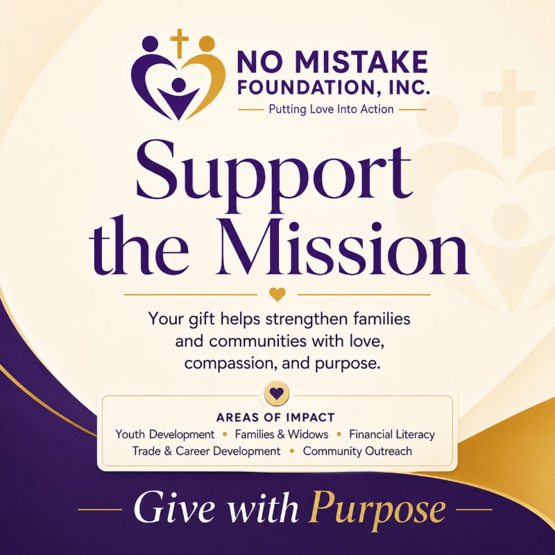 A purple and gold graphic with the text "Support the Mission" and "Give with Purpose" is overlaid on a soft, abstract background featuring subtle heart and cross motifs.