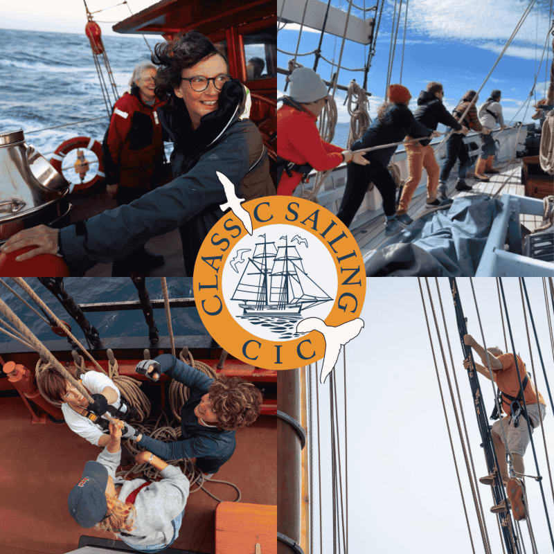 In the foreground, people are actively engaged in sailing tasks like pulling ropes and climbing rigging, while the background features a classic sailing ship on the open sea under a blue sky.