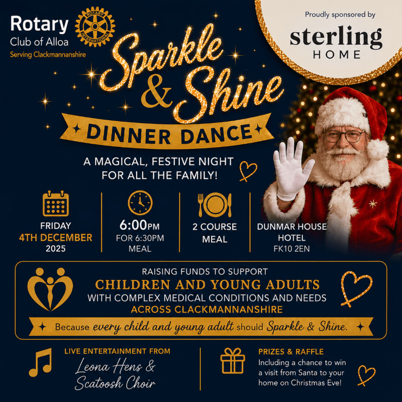 A festive dinner dance poster for the Rotary Club of Alloa features Santa Claus in the background and event details in the foreground.