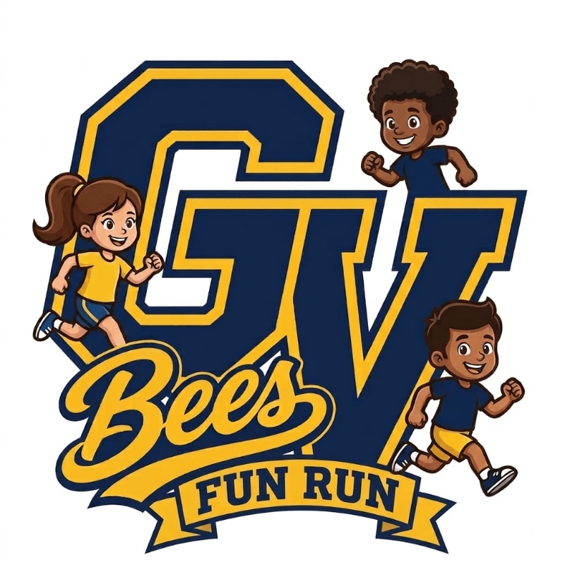 Three cartoon children in yellow shirts and blue shorts run in front of a large navy blue "GV" logo with "Bees Fun Run" written below it.