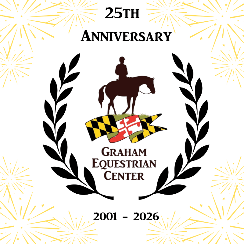 A silhouette of a rider on a horse is centered within a laurel wreath, with a banner displaying the Graham Equestrian Center logo and dates, all set against a background of golden fireworks.
