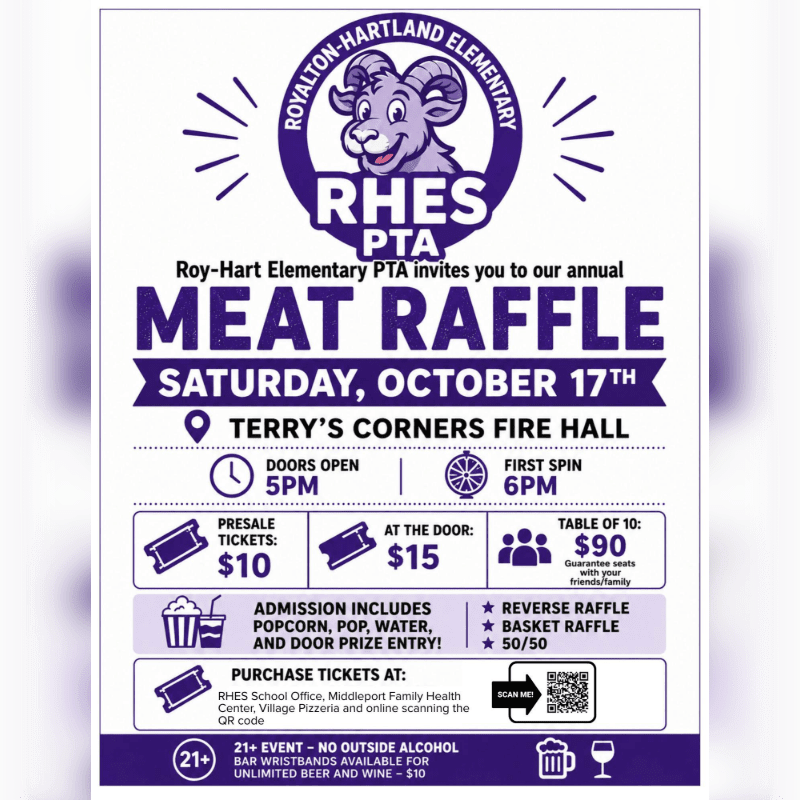 A purple flyer advertises the Roy-Hart Elementary PTA's annual Meat Raffle on Saturday, October 17th, at Terry's Corners Fire Hall, with details on ticket prices, admission inclusions, and purchase locations.