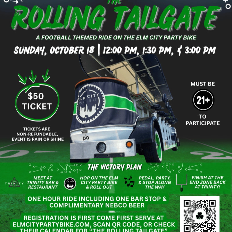 A football-themed party bike with "The Rolling Tailgate" text is featured in the foreground against a blurred green background resembling a football field.