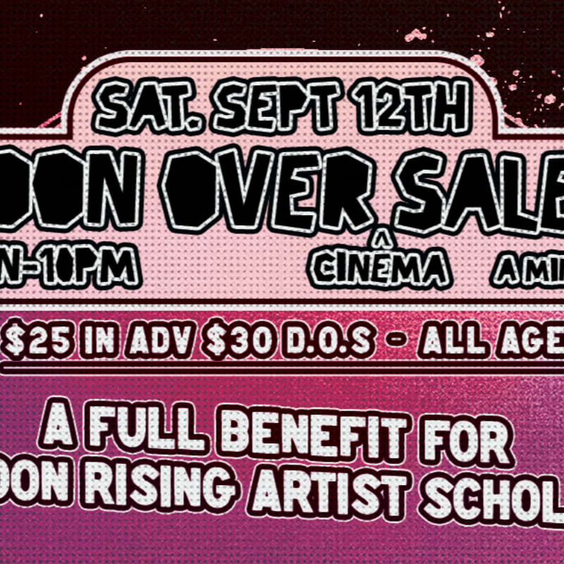 A concert poster with bold text announcing a "Don Over Sale" event on Saturday, September 12th, with details about pricing and a benefit for "Don Rising Artist Schol" in the foreground, set against a textured, dark background with pink and purple hues.