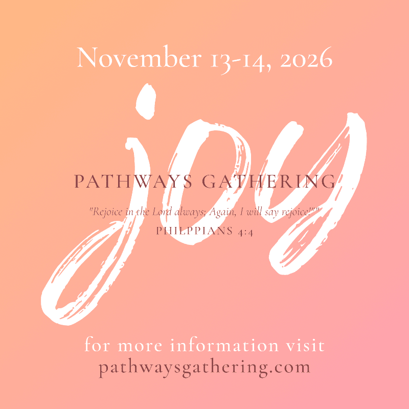 A soft gradient background of peach and pink hues frames the word "joy" in large white script, with event details and a Bible verse in smaller text below.