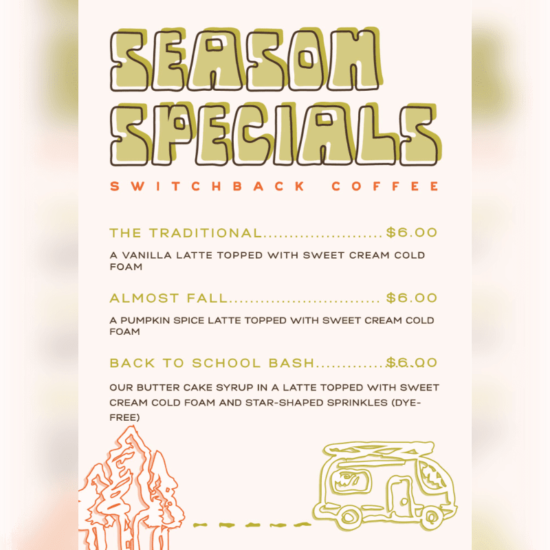 A menu board with "SEASON SPECIALS" at the top, listing three coffee drinks with descriptions and prices, is set against a light background with a stylized outline of trees on the left and a camper van on the right in the foreground.