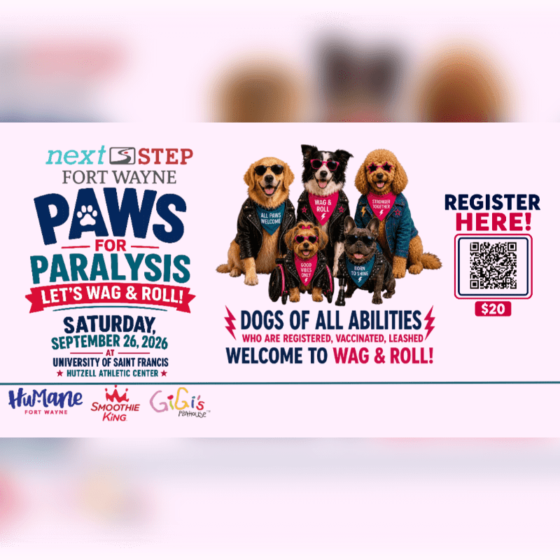 Five dogs, dressed in bandanas and jackets, are featured in the foreground with event details and sponsors in the background.
