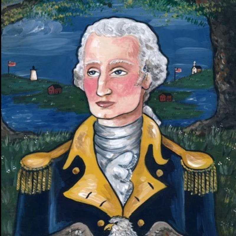 A folk art portrait of George Washington in a blue and gold uniform holding an eagle in the foreground, with a pastoral landscape featuring a lighthouse, church, and body of water in the background.
