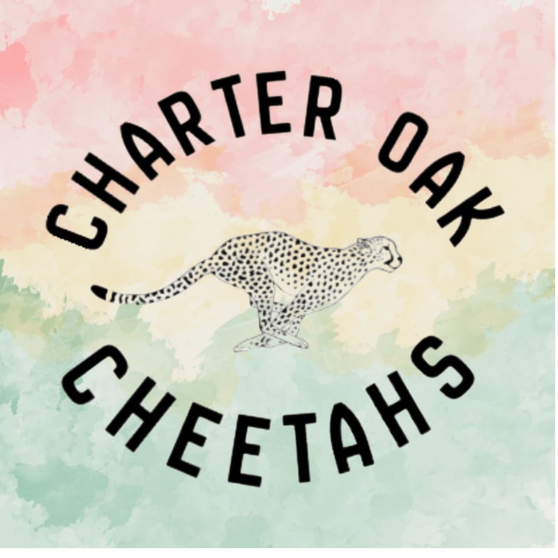 A black and white cheetah runs across a pastel watercolor background with the words "CHARTER OAK CHEETAHS" curved above and below it.