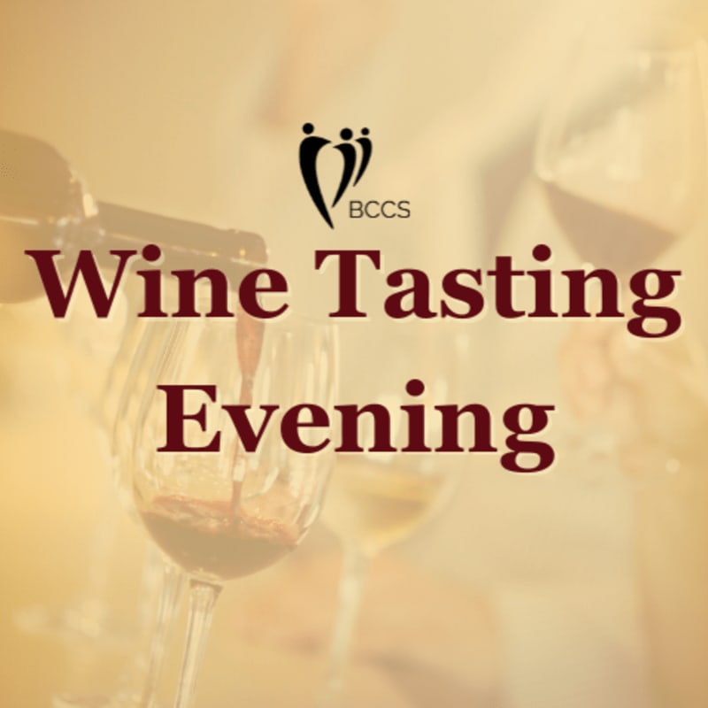 Red wine is poured into a glass in the foreground, with a blurred background featuring more wine glasses and the text "Wine Tasting Evening" above a logo.