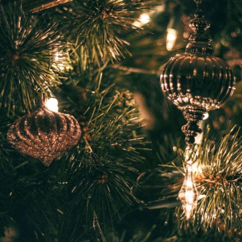 Two ornate Christmas ornaments hang from a decorated evergreen tree, with soft lights twinkling in the background.