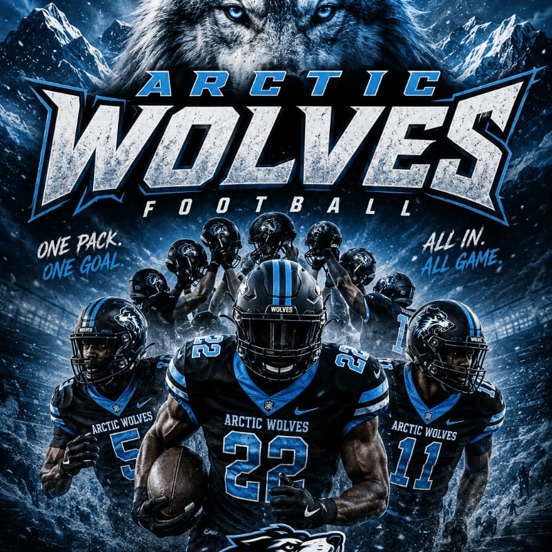 A group of football players in Arctic Wolves uniforms stand ready in the foreground, with a fierce wolf's face and snowy mountains looming in the background.