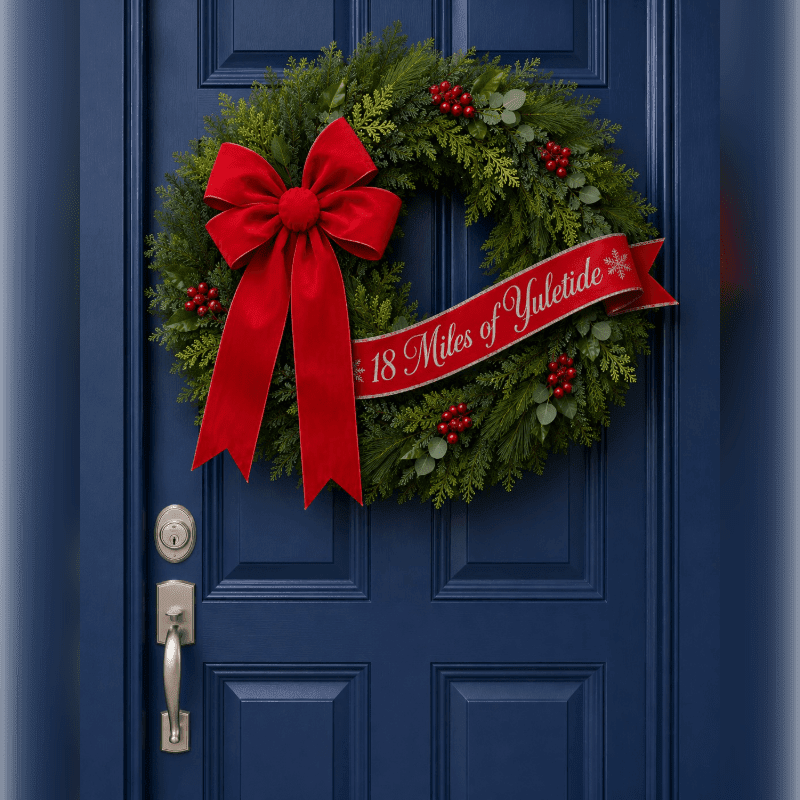 A festive Christmas wreath with a red bow and "18 Miles of Yuletide" ribbon adorns a closed, dark blue door with a silver handle and lock.