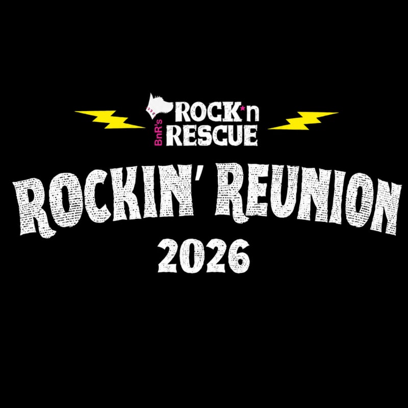 White, distressed text reading "ROCKIN' REUNION 2026" dominates the foreground against a black background, with a smaller "ROCK'n RESCUE" logo featuring a dog silhouette and lightning bolts above it.