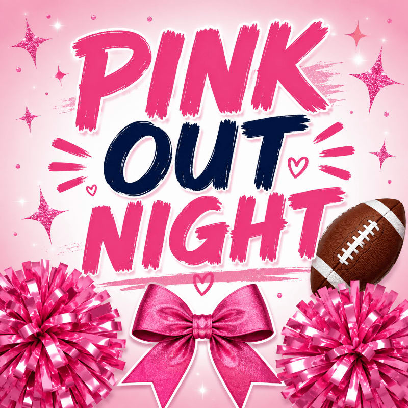 Pink pom-poms and a bow frame a football and the words "PINK OUT NIGHT" against a sparkly pink background.