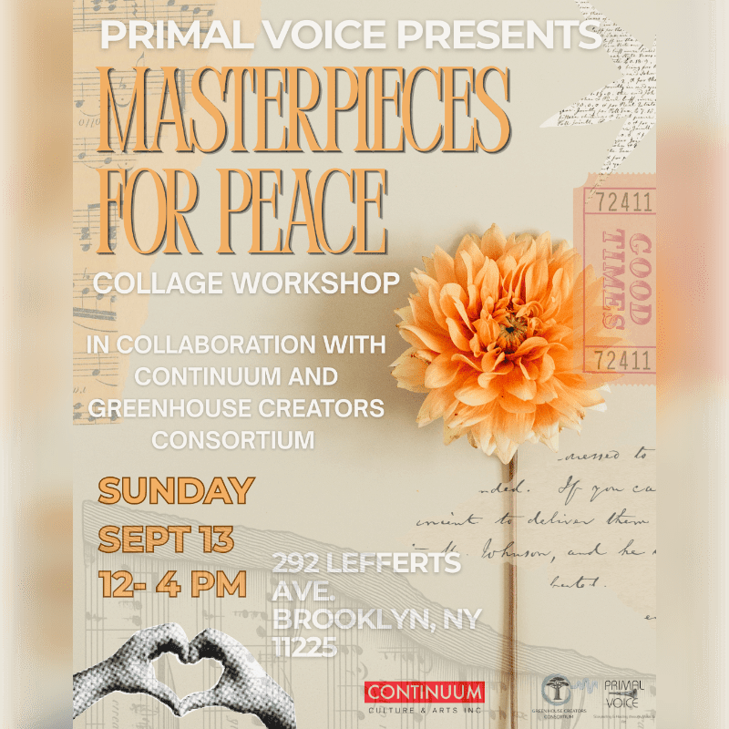 A vibrant orange dahlia in the foreground is set against a background of sheet music and handwritten text, advertising a "Masterpieces for Peace" collage workshop.