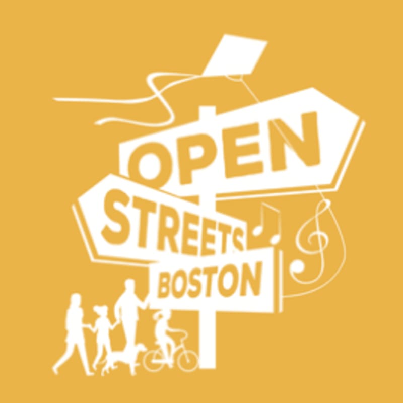 A white silhouette of people walking, a dog, and a child on a bicycle are in the foreground, while a directional signpost with "OPEN STREETS BOSTON" and musical notes are in the background against a yellow backdrop.