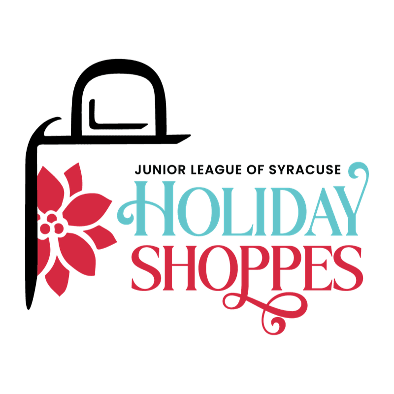 A stylized black hat with a red poinsettia adorns the left foreground, while the words "JUNIOR LEAGUE OF SYRACUSE HOLIDAY SHOPPES" are displayed in colorful text on the right background.