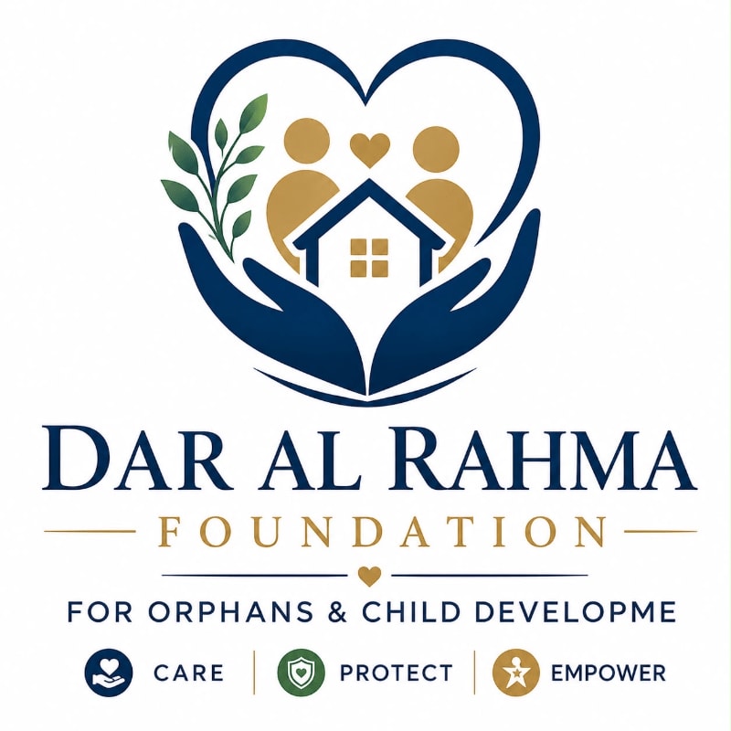 A logo for Dar Al Rahma Foundation features hands cradling a house with two figures and a heart above, set against a white background with the foundation's name and mission statement below.