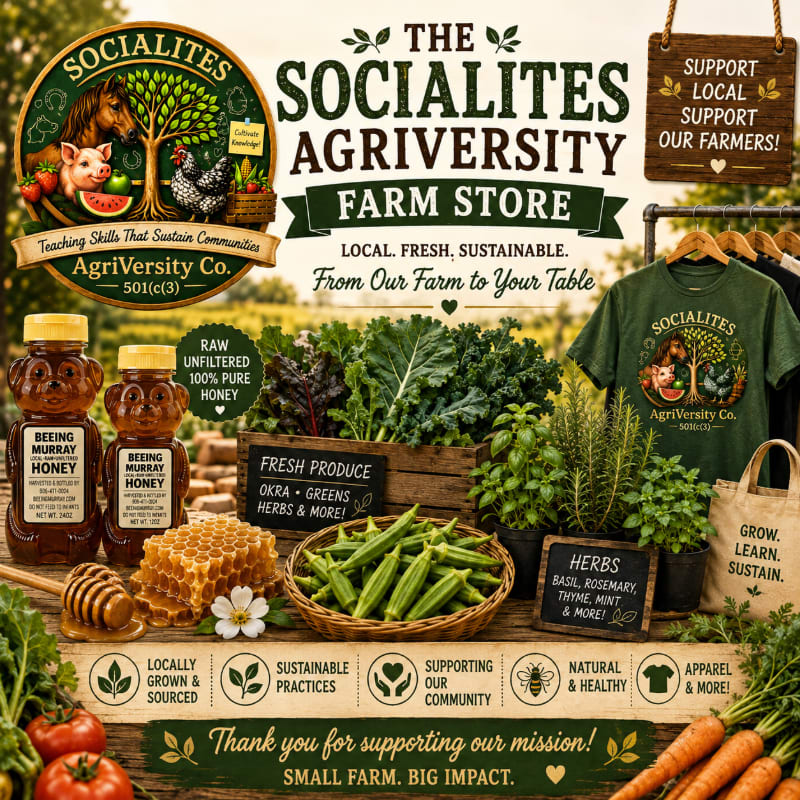 In the foreground, jars of honey, fresh produce like okra and herbs, and a t-shirt are displayed, while the background features the "Socialites AgriVersity Farm Store" logo and signage promoting local farmers.