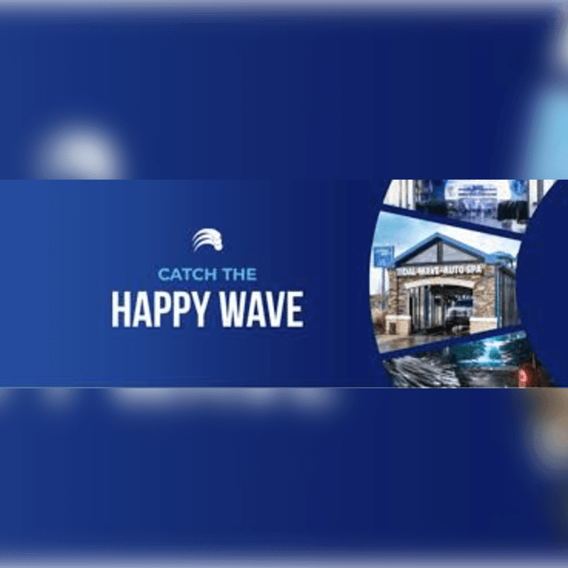 A blue background with the text "CATCH THE HAPPY WAVE" on the left and a collage of car wash images on the right.