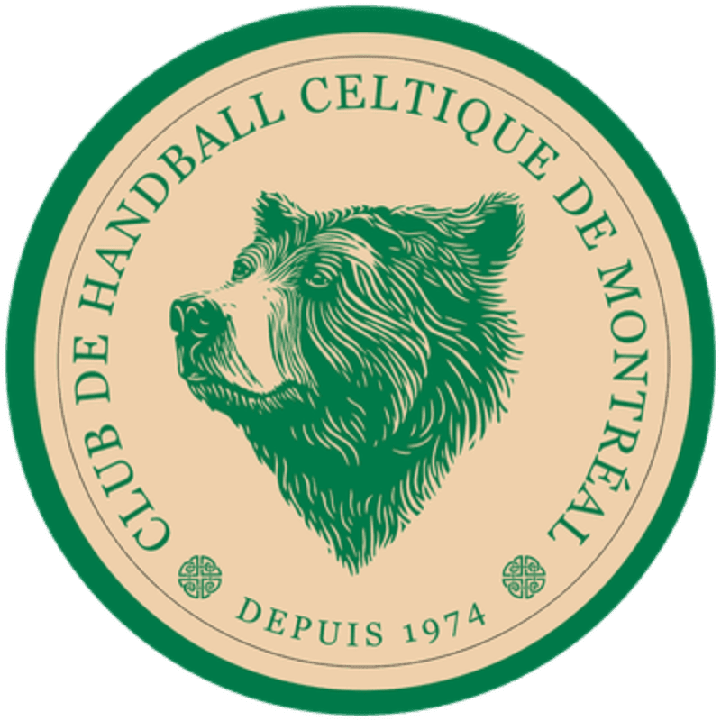 A green bear head is centered on a beige background within a green circular border that reads "CLUB DE HANDBALL CELTIQUE DE MONTRÉAL DEPUIS 1974".