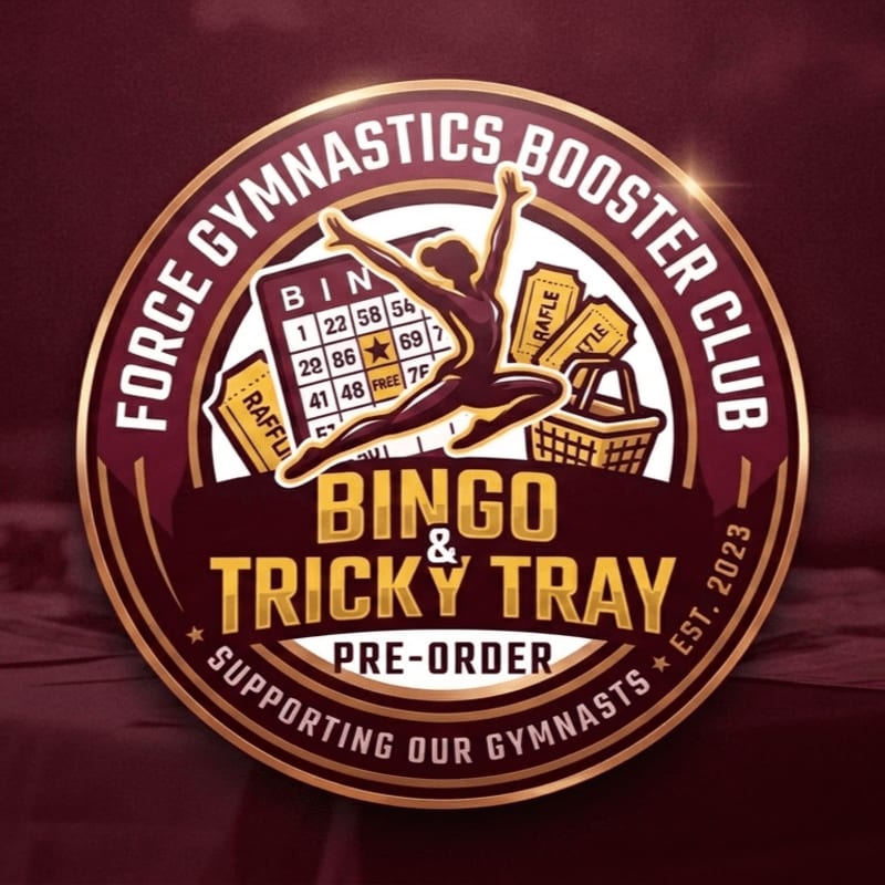 A circular logo for a gymnastics booster club features a gymnast in the foreground and a bingo card and raffle tickets in the background.