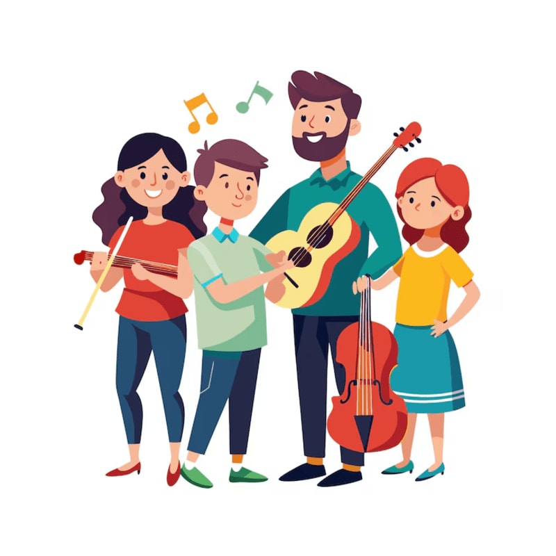 A smiling family of four, with the father playing guitar and the children playing violin, cello, and another instrument, stand together against a white background with musical notes floating above them.