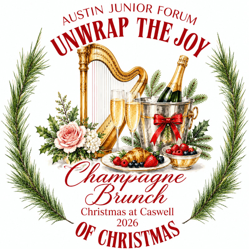 A harp, champagne, and pastries are in the foreground, framed by a wreath of pine branches against a white background.