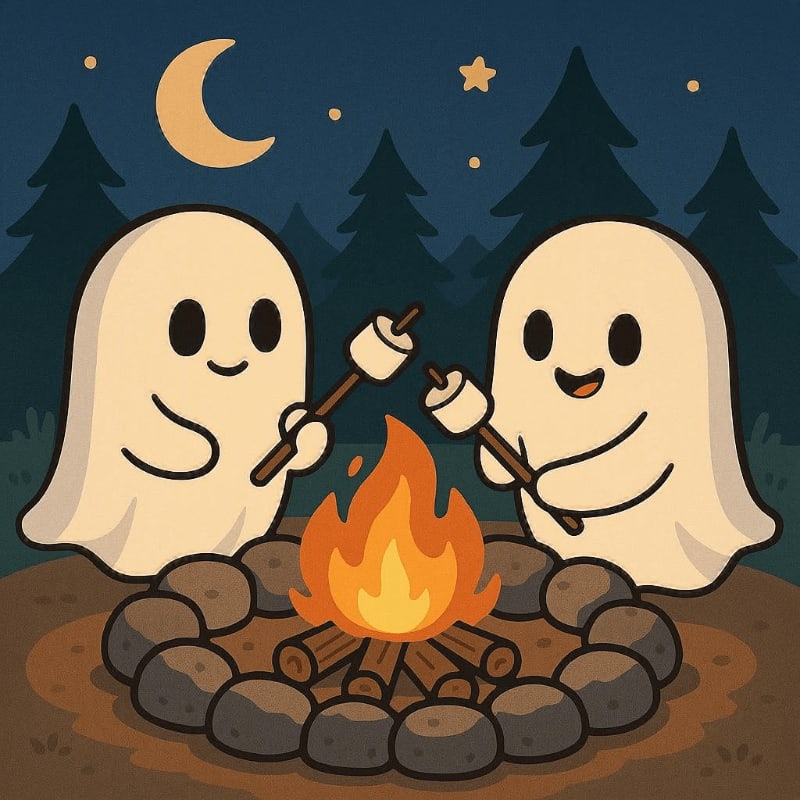 Two cute ghosts toast marshmallows over a campfire in front of a starry night sky with a crescent moon and silhouetted pine trees.