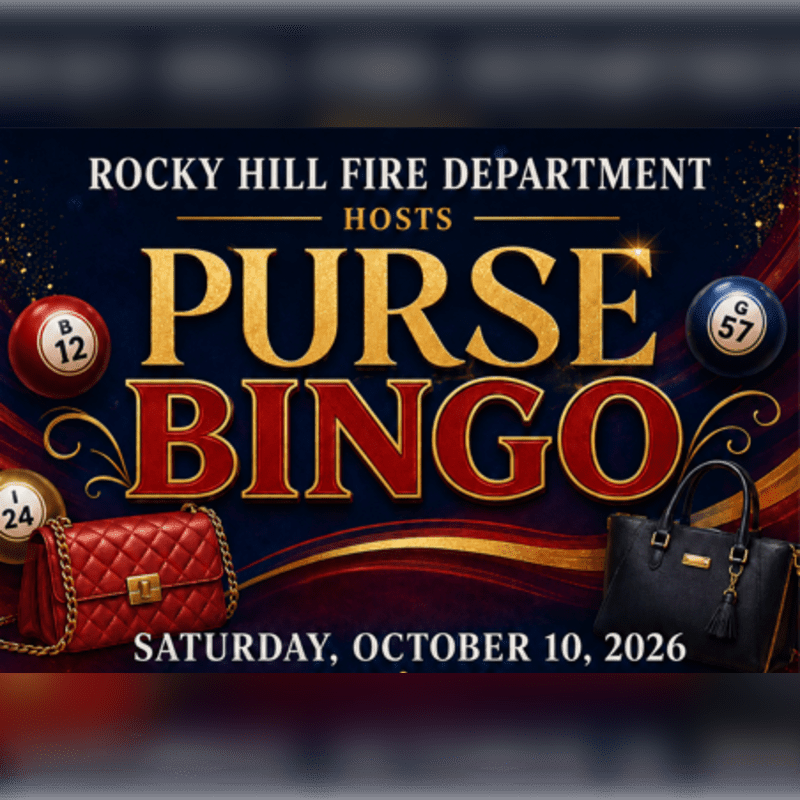 A red quilted purse and a black handbag are displayed in the foreground against a dark blue background with gold accents, promoting a "Purse Bingo" event hosted by the Rocky Hill Fire Department on Saturday, October 10, 2026.