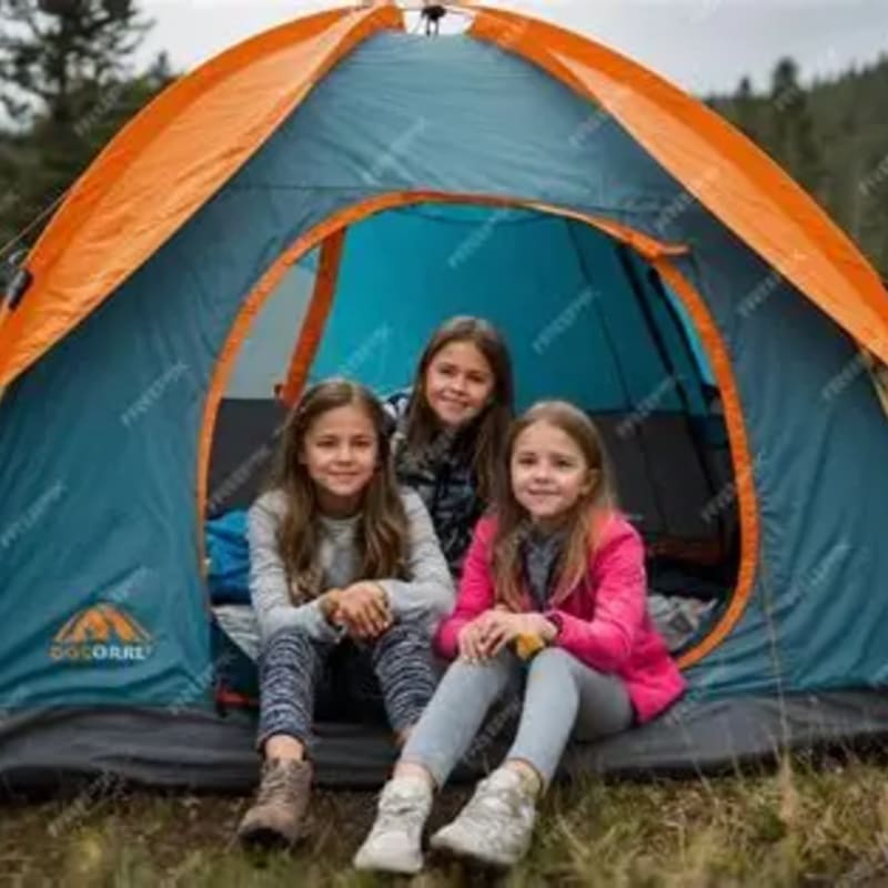 Three smiling girls are sitting in the entrance of a blue and orange tent, with a blurred forest in the background.