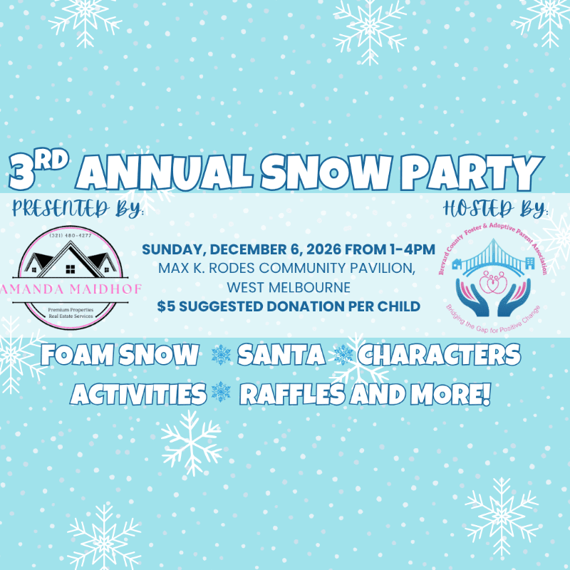 A light blue background with snowflakes frames a flyer for the 3rd Annual Snow Party, featuring event details and activities in the foreground.