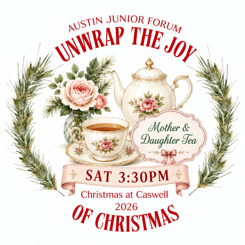 A vintage-style illustration of a tea set with flowers is framed by evergreen branches, advertising a "Mother & Daughter Tea" event.