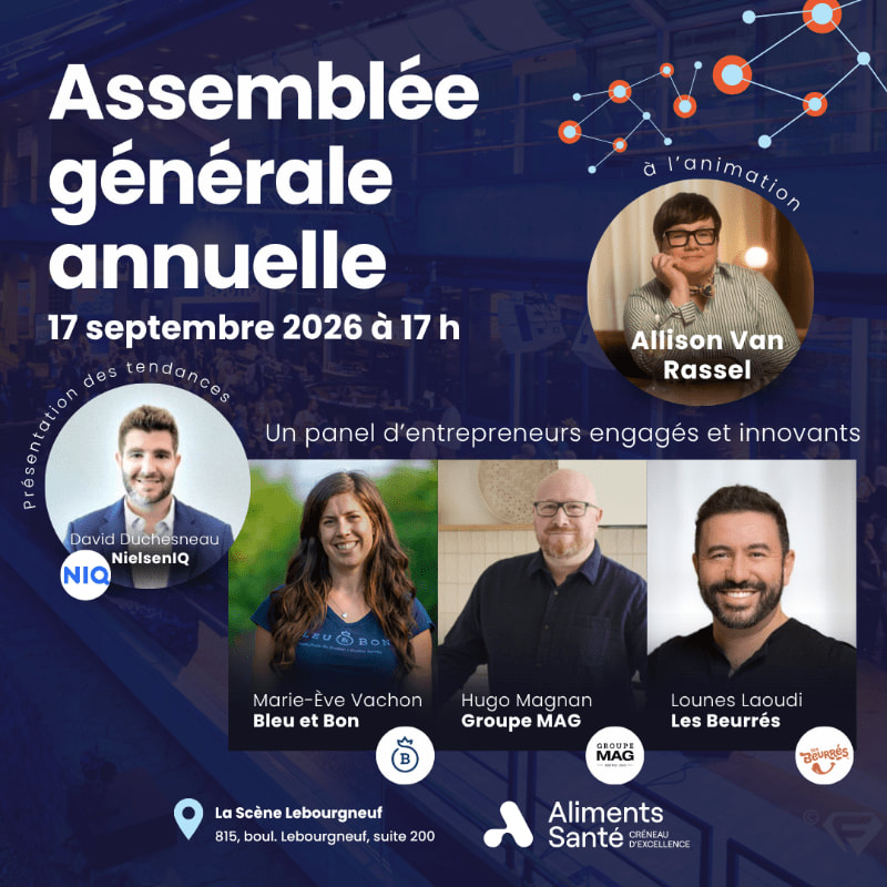 Four speakers are featured in the foreground of an event poster with the title "Assemblée générale annuelle" in the background.