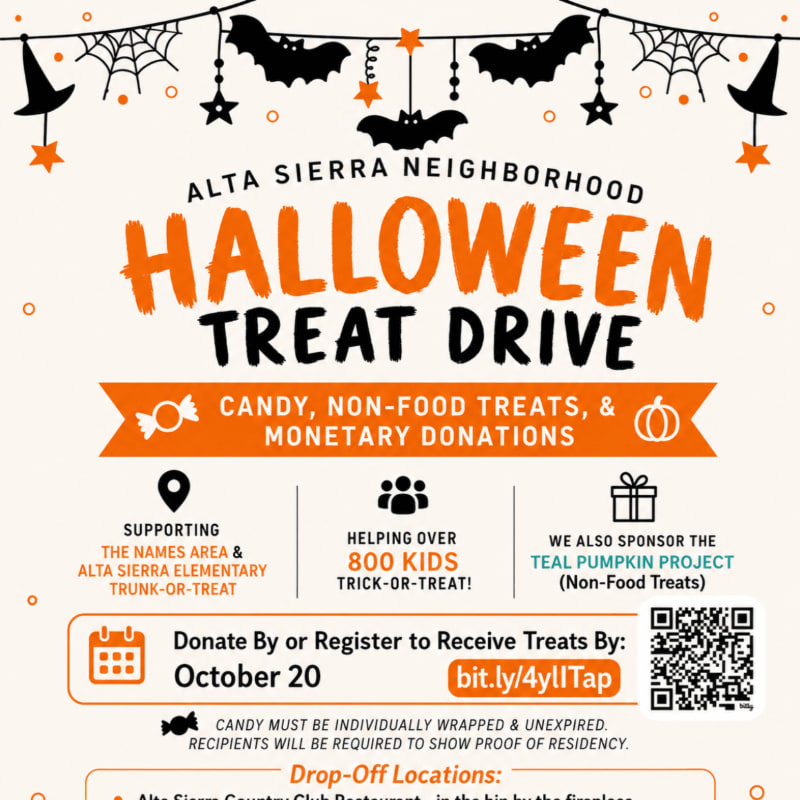 Orange and black Halloween decorations adorn the top of a flyer announcing a neighborhood treat drive, with details about donations and drop-off locations filling the lower portion.