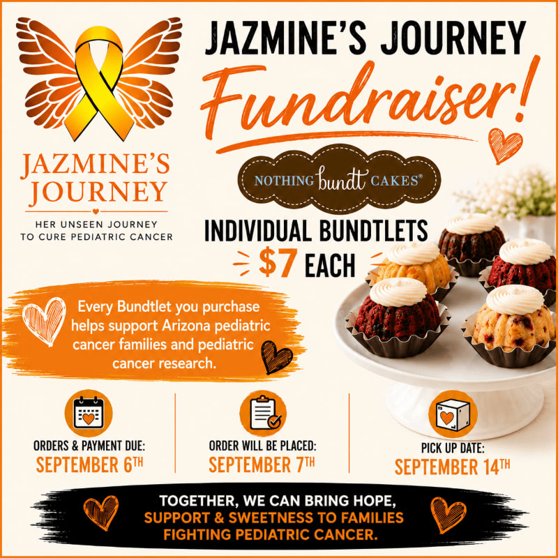 In the foreground, a selection of individual bundt cakes are displayed, while the background features text announcing "Jazmine's Journey Fundraiser!" with details about the event.