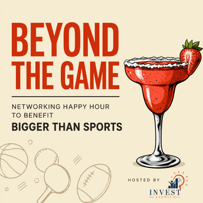 A strawberry margarita with a strawberry garnish sits in the foreground next to outlines of sports equipment, all against a cream-colored background with bold red and black text announcing a networking happy hour.