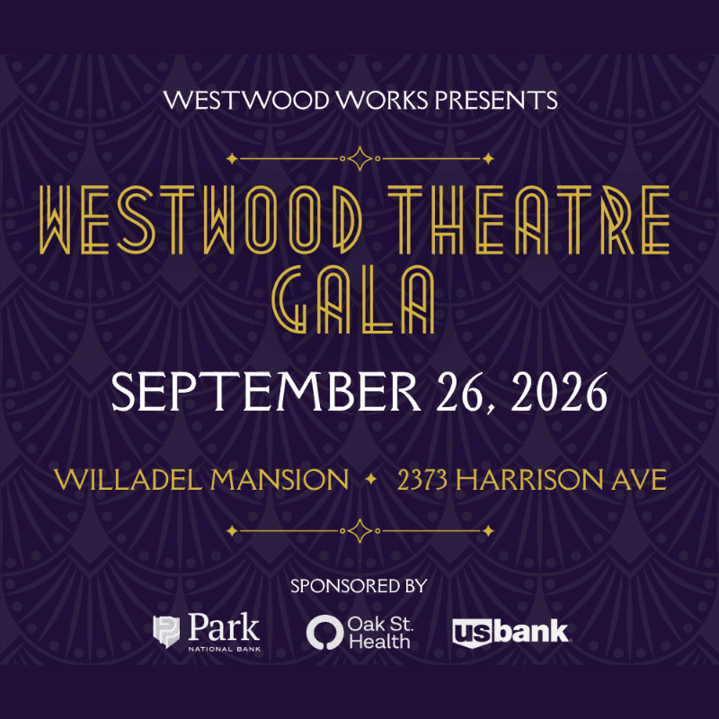 A dark purple background with a repeating art deco pattern frames the text announcing the Westwood Theatre Gala on September 26, 2026, at Willadel Mansion, with sponsors Park National Bank, Oak St. Health, and US Bank listed at the bottom.